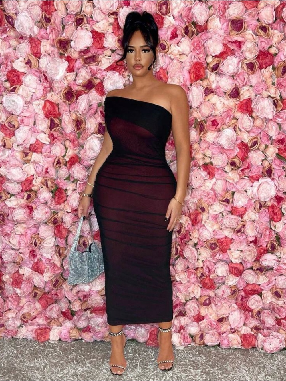 SHEIN One-Shoulder Midi Dress in Black and Burgundy
